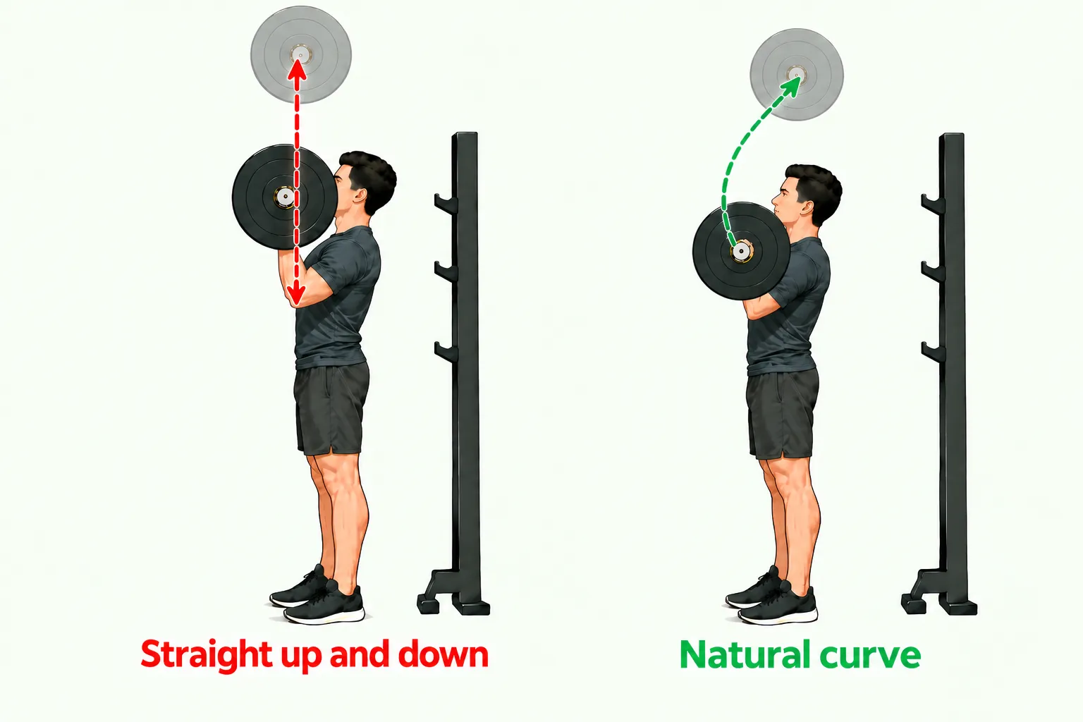 Side-by-side standing overhead press illustration: on the left, a red arrow shows the bar starting in front of the face and pressing straight up; on the right, a green arrow shows the bar starting at the collarbones, curving around the face and finishing over the head and shoulders.